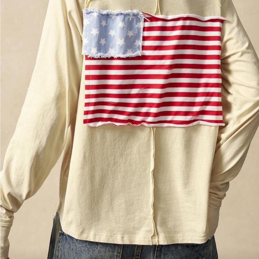 Boho Cream Long-Sleeve 100% Cotton Top - U. S. Flag on Back
